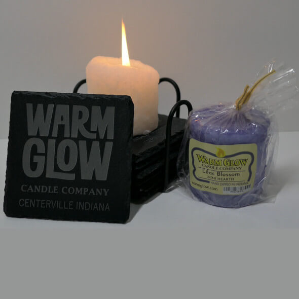 Warm Glow Company custom engraved slate candle coasters with candle