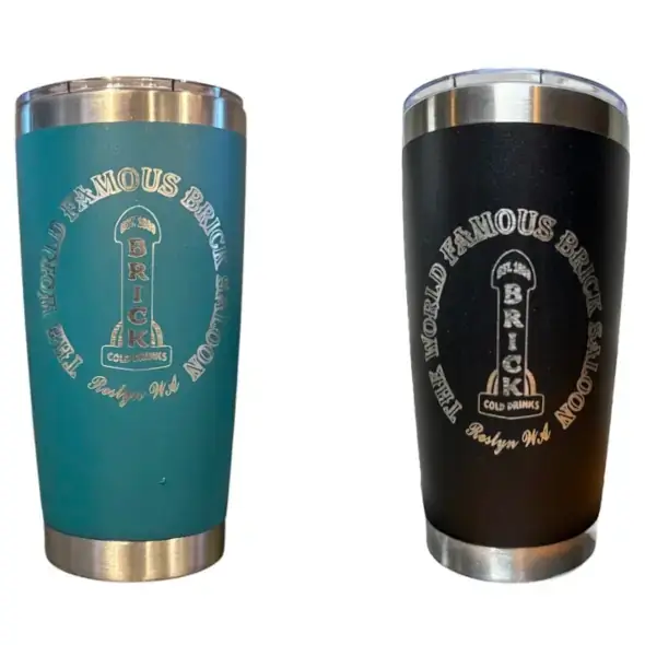 Custom engraved stainless tumblers for The Brick Saloon in Roslyn, WA