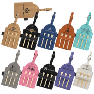 Custom engraved faux leather golf bag tags with three wooden tees, shown in assorted colors with personalized names and business logos.