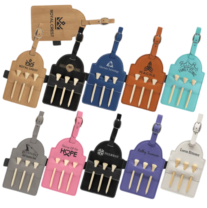 Custom engraved faux leather golf bag tags with three wooden tees, shown in assorted colors with personalized names and business logos.