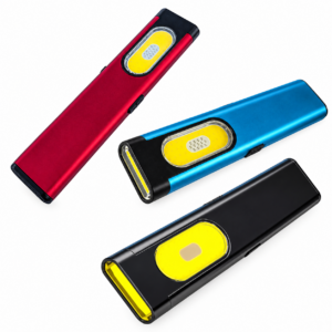 Slim USB-C rechargeable LED work flashlights in red, blue, and black, available for custom laser engraving with business logos.